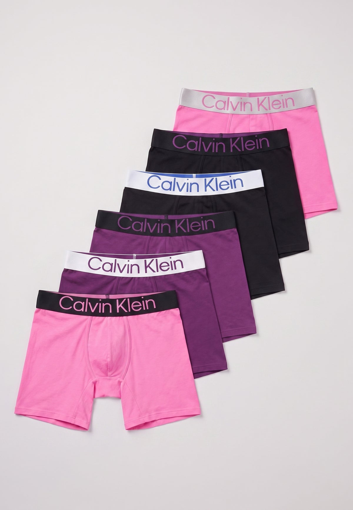 Pack de 6 boxers longs Calvin Klein — exemple d'assortiment rose et violet