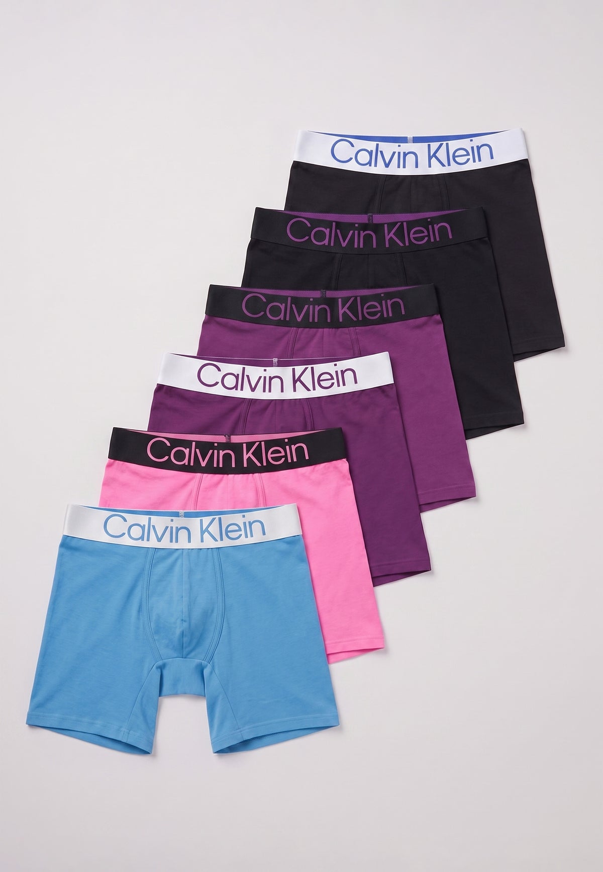 Pack de 6 boxers longs Calvin Klein — exemple d'assortiment bleu, rose et violet